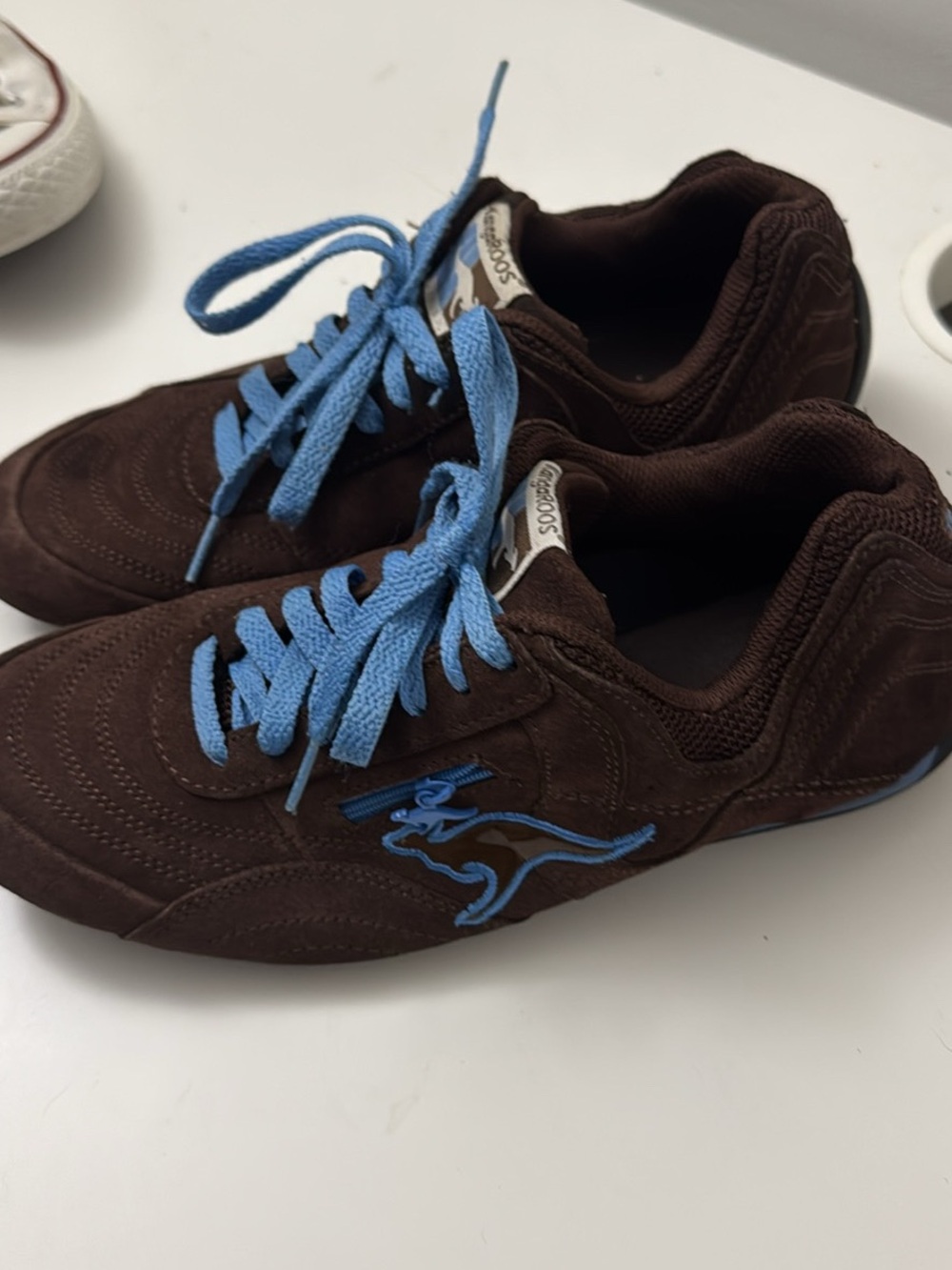 kangaROOS Brown Suede Kids Sneakers with Light Blue Laces